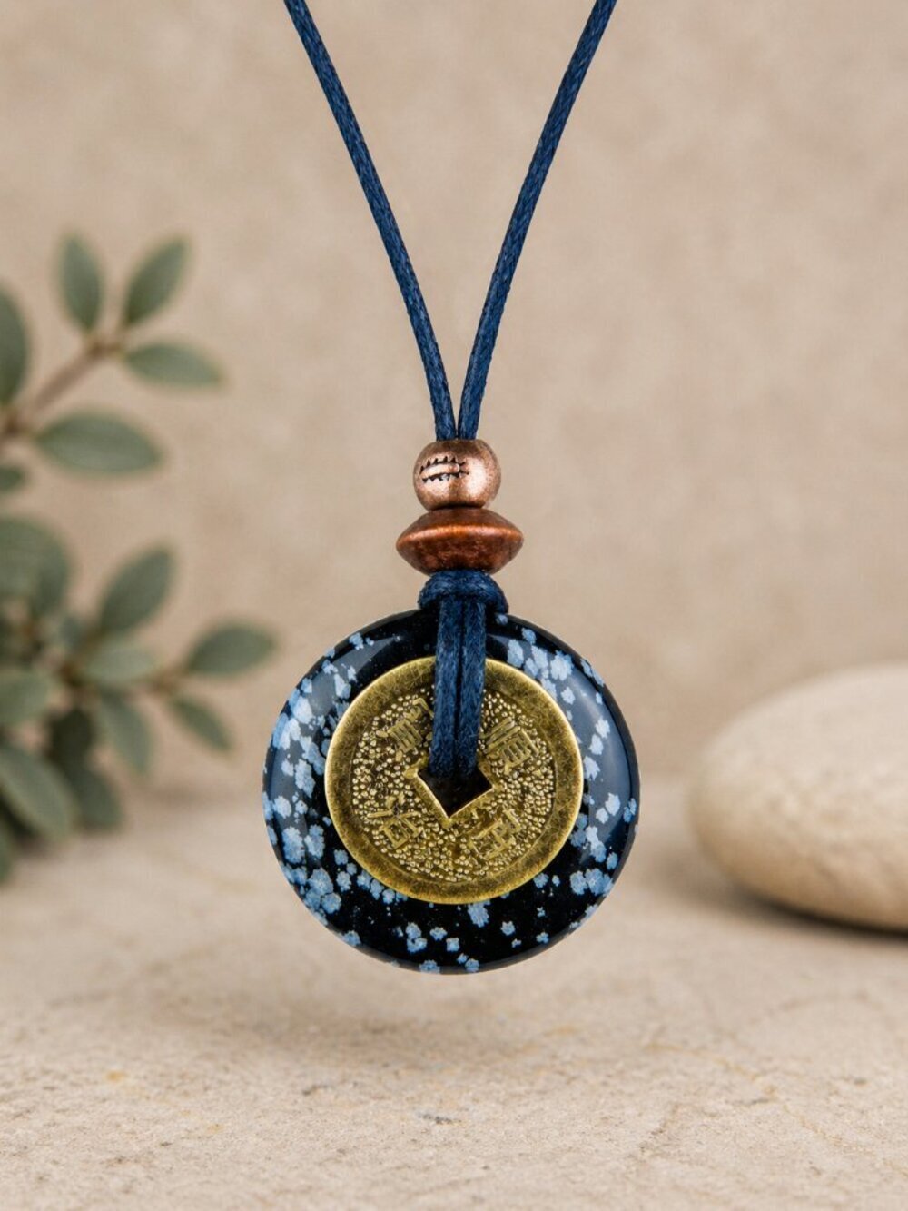 Snowflake Obsidian & Chinese Lucky Coin Necklace | Handmade - Picture 3 of 6